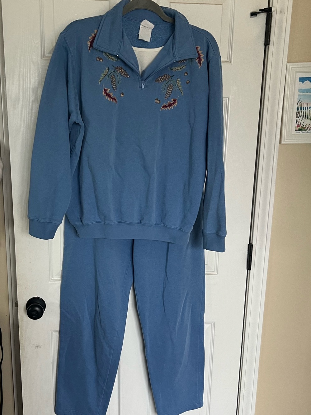 Vintage 90s Links Embroidered Fleece Sweatset Slate Blue Matching Loungewear M